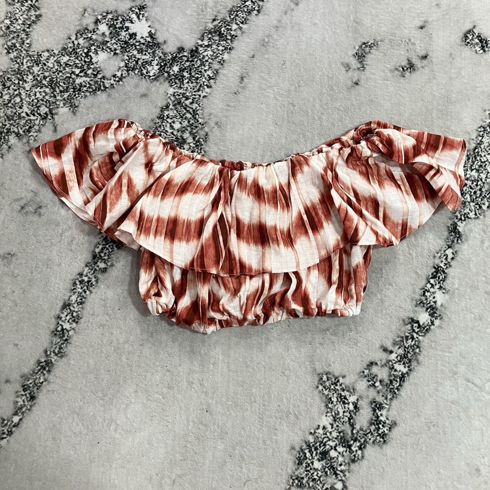 Banana Republic Women's M 100% Linen Ikat Tie Dye Off Shoulder Ruffle Crop Top